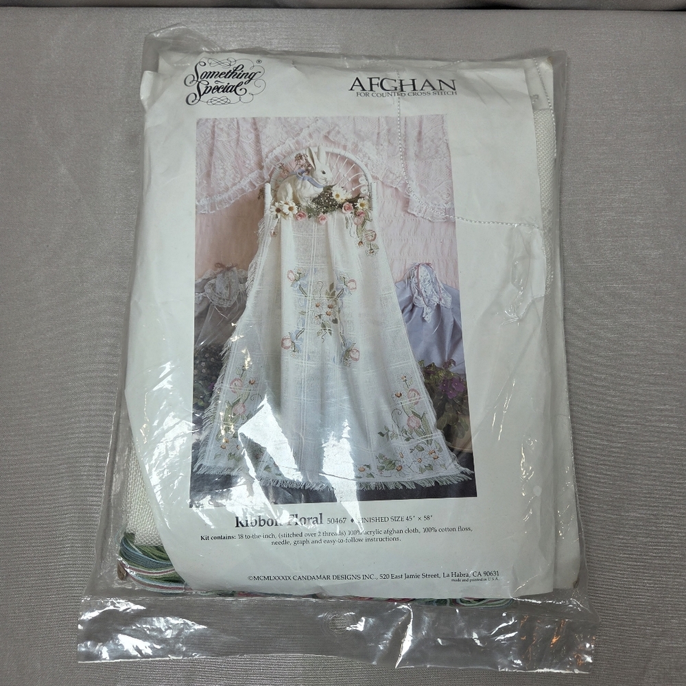 Vtg 1989 Candamar Afghan Counted Cross Stitch Ribbon Floral Kit #50467